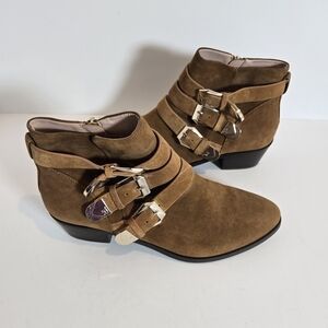 Taryn Rose Tan Suede Ankle Boots with Triple Buckle
